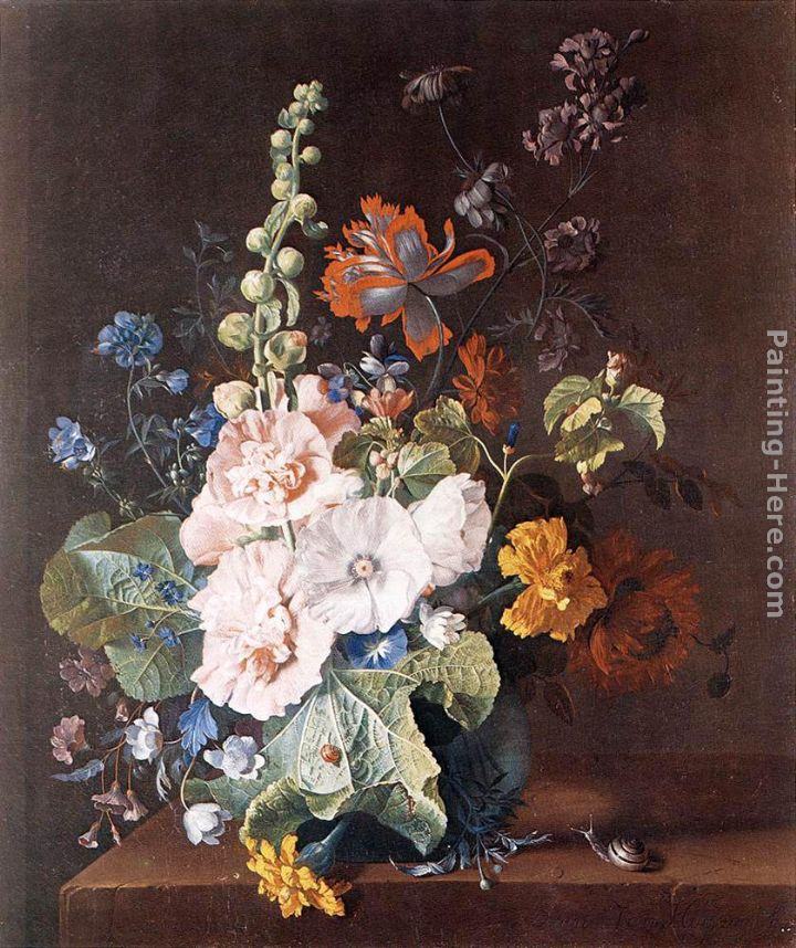 Jan Van Huysum Hollyhocks and Other Flowers in a Vase